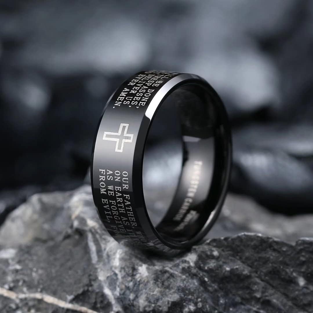 King Will 8mm Tungsten Rings for Men Lord's Prayer Engraved Mens Cross Ring Vintage Religious Band Polished Brushed - Image 2