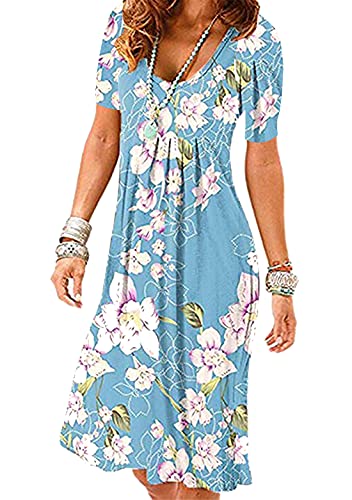 OMZIN Damen Tunika Kleid Rundhals Kurzarm Rüschen Floral Printed Blumen Casual Lose Flowy Swing Etuikleid Blaue Lilie XL