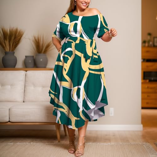 Image of Plus Size Women Wedding Guest Dress Off Shoulder Boat Neck Irregularly Flowy Midi Church Dress
