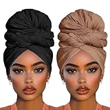 COOKOO 2 Piece Solid Color Stretch Jersey Head Wrap Long Scarf Long African Hair Wraps Stretch Hijab Extra Fashion Head Scarf Soft Head Wraps for Women(Black+Camel)