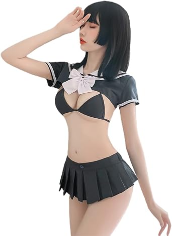 SENMHS Sailor Uniform, Cosplay, Sexy Lingerie, Womens, 4-Piece Set, Gray |  T