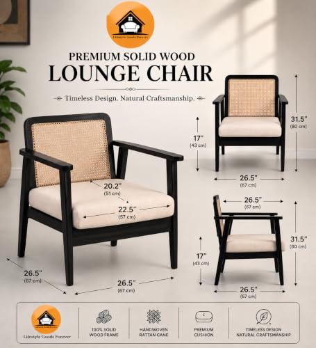 Image of LSGF Mangz Wooden Lounge Chair with Rattan Cane Back | Solid Wood Accent Chair with Cushion | Mid Century Modern Armchair for Living Room, Bedroom & Office (Black)