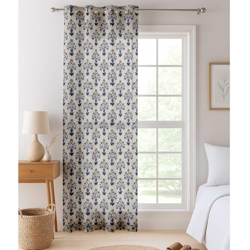 Vargottam Block Flower Design Sheer Curtains for Short Windows - Set of 2 Panels, 63", Grommet Top, Printed Georgette, Light Filtering Drapes for Kitchen or Bedroom