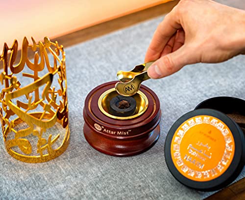 Am Bakhoor Calligraphy Incense Burner - Metalic Resin Burner Holder | Wooden Base | Frankincense Charcoal Burner (Mabkhara) | Office & Home Decor (Gold) #TOP1