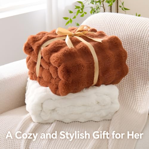 Image of BEDELITE Faux Fur Throw Bubble Blanket for Couch, 50 inch x 60 inch, Burnt Orange