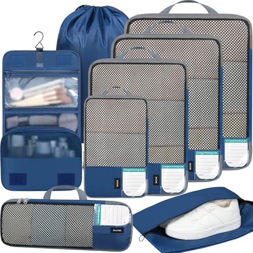 Image of BAGAIL 4 Set /6 Set /8 Set Compression Packing Cubes Travel Accessories Expandable Packing Organizers(HalfMesh,8-Navy)
