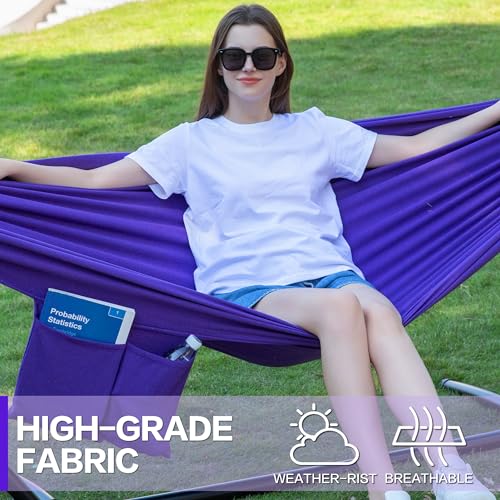 Image of PNAEUT Double Hammocks with Stand for Outside, Portable Space Saving Heavy-Duty Steel Stand for Indoor Outdoor Patio with Carrying Bag, 450 lbs Capacity (Purple)