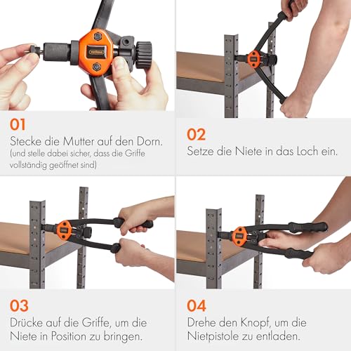 VonHaus Nietmutterzange Set inkl. 150 Nietmuttern, 30 cm Hand Nietwerkzeug, Doppelgriff Nietpistole mit 7 Austauschbare Dorne Metrische M3 M4 M5 M6 M8 M10 M12, Gewindenieten Zange Set mit Koffer