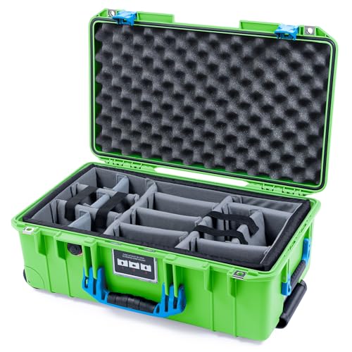 ColorCase Pelican Air 1535 Carry-on Case Lime Green - Medium Size Waterproof Case with Gray Padded Microfiber Dividers & Convoluted Lid Foam - Blue Handles & Latches
