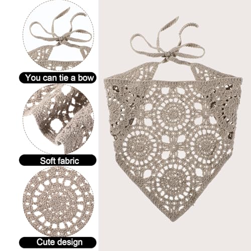 3Pcs Crochet Bandanas Headbands Hair Accessories, Triangle Crochet Head Scarf, Hollow Knitted Floral Headscarf Vintage Head Kerchief for Women Girls Decor (Black, Beige, Gray)4