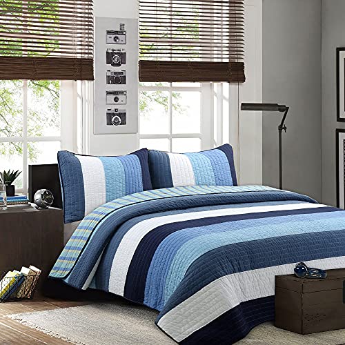 Cozy Line Home Fashions Navy Blue Striped Boy 100% Cotton Reversible Quilt Bedding Set, Coverlet, Bedspread (Preston, Twin - 2 Piece)