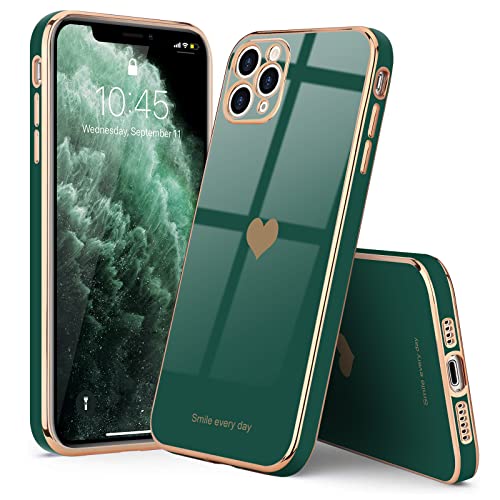 Teageo For Iphone 11 Pro Case For Girl Women Cute Love-Heart Luxury Bling Plating Soft Back Cover Raised Full Camera Protection Bumper Silicone Shockproof Phone Case For Iphone 11 Pro, Blackish Green #TOP6