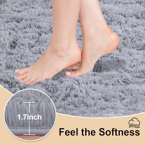 3x5 Rugs for Bedroom, Fluffy Area Rugs for Living Room, Soft Shag Kids Rug Small Carpet with 4 Non-Slip Rug Pads (Light Grey, 3ft x 5ft)