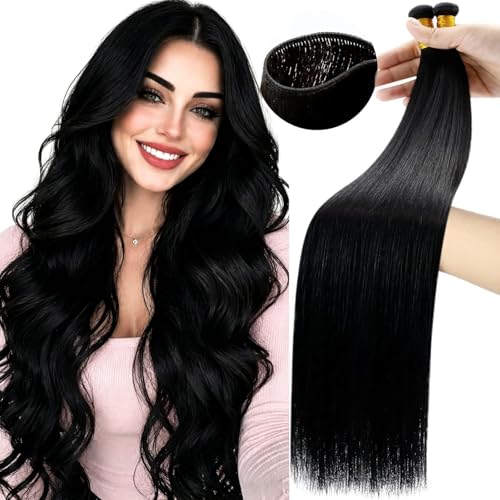 Image of Moresoo Genius Weft Hair Extensions Human Hair, Jet Black, 22 Inch 80g | Remy human hair with soft shine and long layers, perfect for photoshoots, weddings and glamorous hairstyles