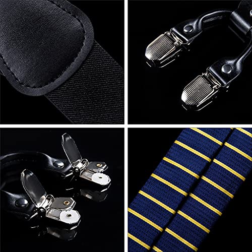 Mjwdp Blue Gold Suspenders For Men Leather 6 Clips Braces Trousers Strap Y Back Elastic Silk Suspender Bow Tie Set Men's (Color : A, Size : Adjustable) #TOP4
