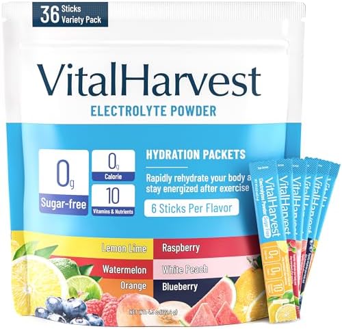 VitalHarvest 36 Sticks Electrolytes Powder Packets 6 Flavors Suga...