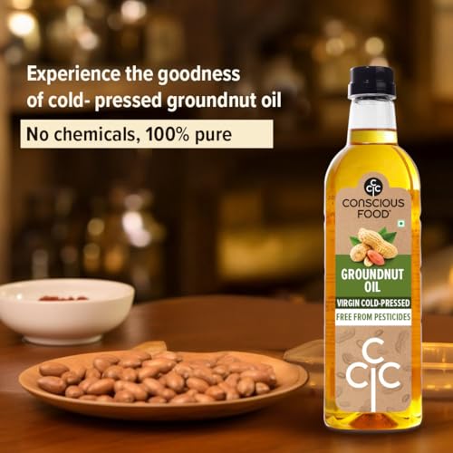 Image of Conscious Food Cold Pressed Groundnut Oil |1 liter X Pack of 2 | Peanut Oil | Natural | Cooking Oil | Kolhu /Kacchi Ghani /Chekku | Mungfali tel | PET bottle
