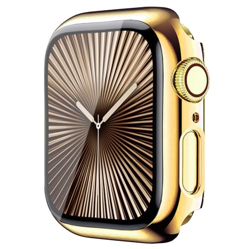 HANKN Hard Plated Case for Apple Watch Series 10 Series 11 42mm Tempered Glass Screen Protector Case, Full Coverage Ultra-thin Shockproof Bumper Iwatch Cover (Gold, S11 & S10 42mm)