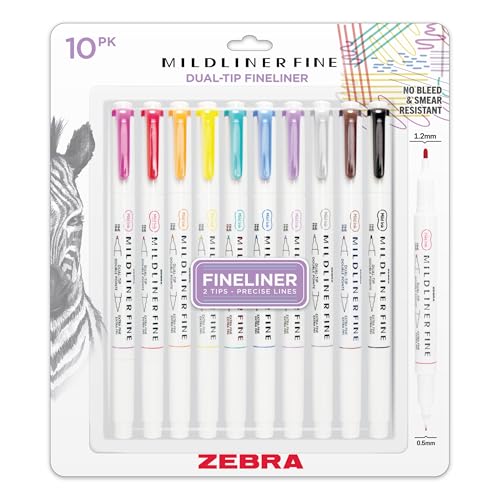 Zebra Pen Mildliner Fine Dual-Tip Fineliner Pen Set, Fine and Extra Fine Point Tips, No Bleed, Ideal for Bible Highlighting, Journaling, Illustration and Writing, Assorted Ink Colors, 10-Pack (64501)