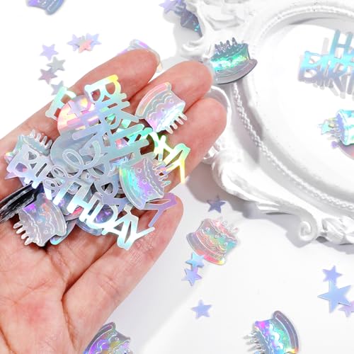 600PCS Happy Birthday Confetti, Glitter Iridescent Party Decorations, Metallic Colorful Table Scatter with Mini Cakes Balloons Stars Ribbons Confetti for DIY Crafts Birthday Party Festive Table Decor