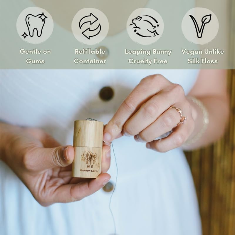 Miniatura 2 de Hilo dental de carbón de bambú biodegradable vegano con recipiente de bambú recargable, recarga gratuita, cera de candelilla natural, 98.4 ft x 2,