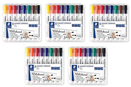 Staedtler Lumocolor 351 WP8 Whiteboardmarker, Rundspitze, 2 mm, 8 Farben (5 Packungen)
