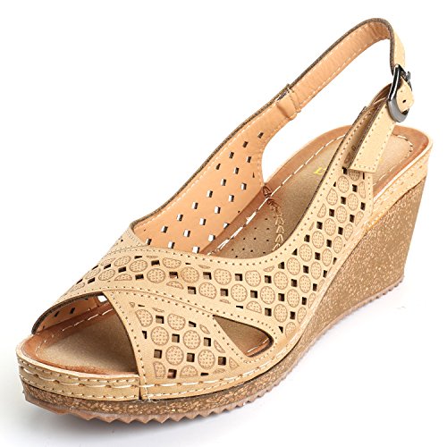 Alexis Leroy Adjustable Buckle Peep Toe Vamp Women’s Platform Wedge Sandals Almond 9-9.5
