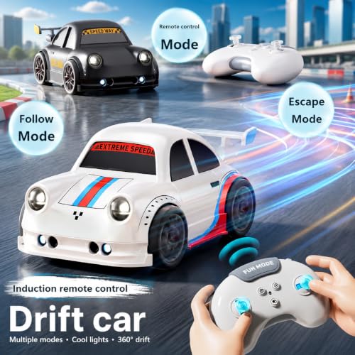 Image of Remote Control Intelligent Sensor Drift Car for Kids | 4WD Mini RC Drifting Car with Follow Me & Escape Mode, Music, LED Lights | Interactive Toy Gift for Boys and Girls (White)