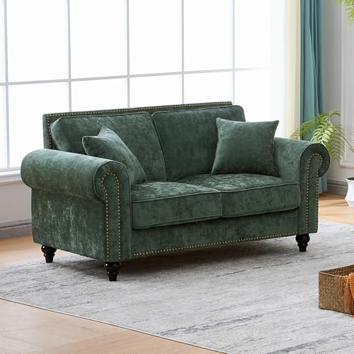 Image of KEIKI 64 inch Oversized Chenille Loveseat Sofa with Rolled Arms and Nailhead Trim, Upholstered Modern Style 2-Seater Couch with High-Density Foam Cushions, Easy Assembly, for Apartment, Living Room, Green