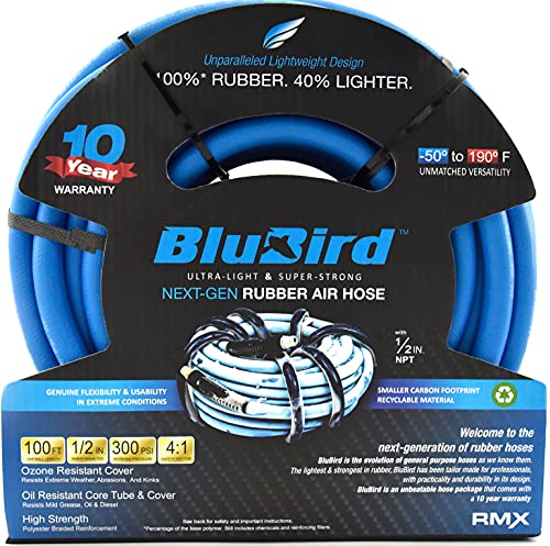 Blubird Bb12100 1/2" X 100' Rubber Air Hose, 100% Rubber, Lightest, Strongest, Most Flexible, 300 Psi, 50F To 190F Degrees, Ozone Resistant, High Strength Polyester Braided #TOP14