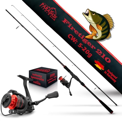 Paradox Fishing Firetiger Spinnrute mit Rolle I 2 1m 5-20g mit 2000 Rolle I Spinnruten perfekt für Barsch Rute