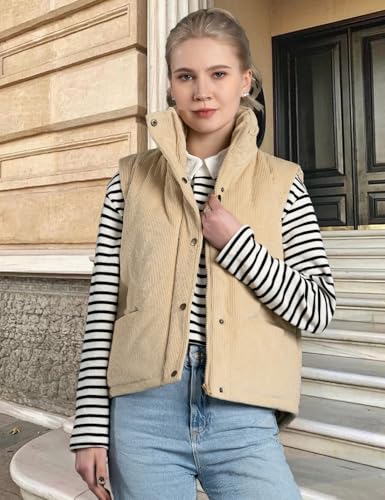 Womens Corduroy Puffer Vest Stand Collar Zip Snap Button Sleeveless Warm Waistcoat Padded Gilet3