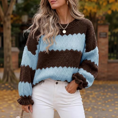Striped Sweater Women Color Block Crewneck Ruffle Sleeve Pullover Sweater - image 2