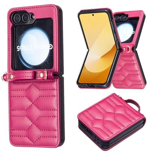 Étui à rabat en cuir rose compatible Samsung Galaxy Z Flip 5 antichoc sangle