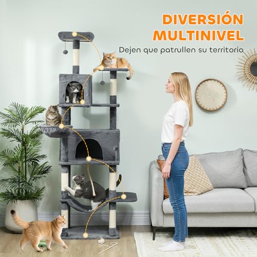 PawHut Árbol Rascador para Gatos, Árbol para Gatos 202 cm, Torre Escalador con Plataformas, 2 Hamacas, 2 Cuevas, 6 Postes de Sisal, 3 Bolas y Cuerda para Jugar, Gris Oscuro - imagen 3