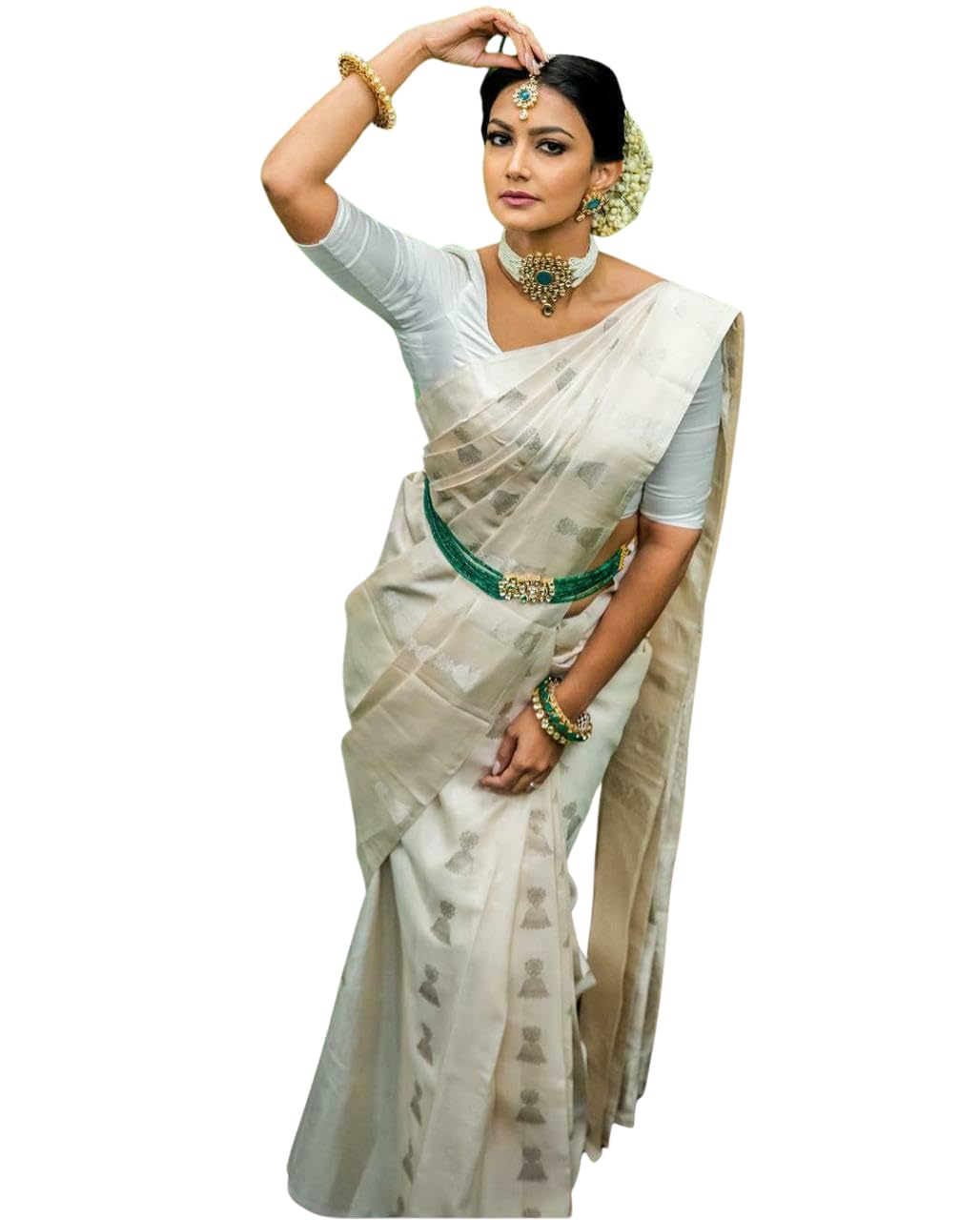 Women's Elegant Off-White Silk Saree with Subtle Woven Motifs & Designer Blouse Saree Ethnic Saree with Finish 5.5 Meter Saree 0.8 Meter Unstitched Blouse Piece_Off White-image-0