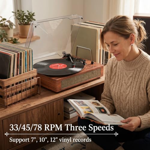 Image of Vinyl Record Player Vintage Turntable with Built-in Stereo Speakers, Bluetooth, USB Recording & Playback, 3-Speed Belt Drive Turntable for Vinyl Records, AUX,RCA Ouptut -Retro Wood