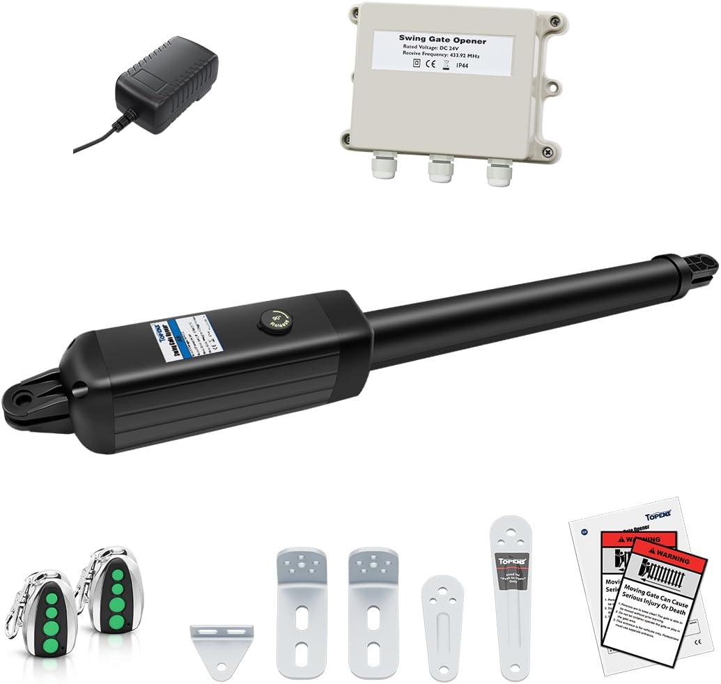 TOPENS A8 Automatic Gate Opener for Heavy Duty Single Swing Gates Up to 18ft, Single Swing Gate Operator Battery Powered with Remote Control Kit Gate Motor Solar Compatible