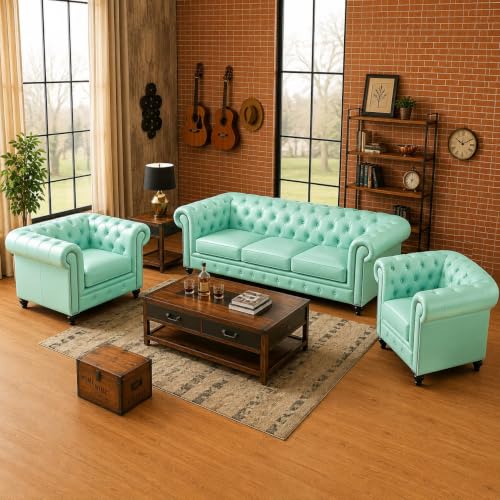 Image of Modern Classic Design Leatherette Luxury Chester Sofa Set with Button Tufted, Sofa for Living Room Home, Office and Lobby (Mint Green, 3+1+1=5 Seater Sofa)