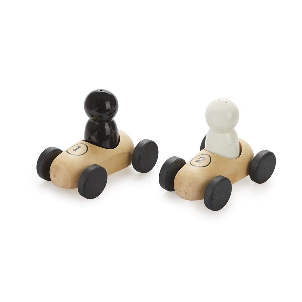 Balvi Set sel & Poivre Bolides Set sel et Poivre avec Une Base en Bois en Forme de Voitures de Course