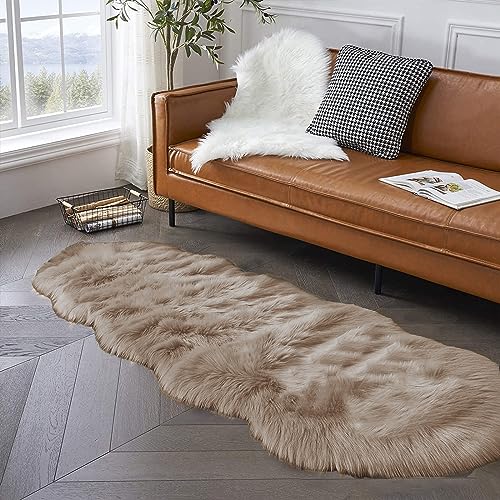 Latepis Runner Faux Fur Rug Camel Beige 2x6 Rugs Fluffy Furry Washable Sheepskin Rug Small Area Rugs for Living Room Sofa Bedroom Carpets Sheepskin