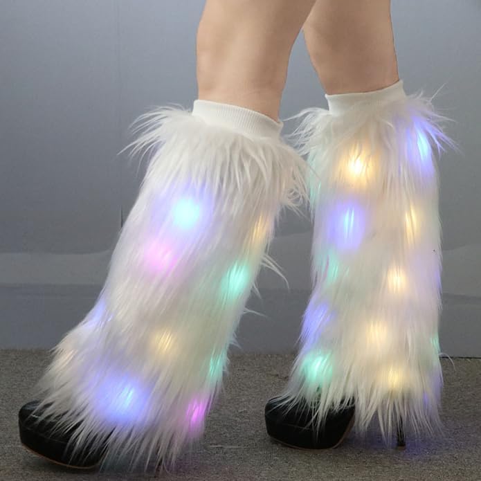 Abien Light Up White Fur Leg Warmers Fuzzy Boot Sleeves with Neon Rave Led Boot Covers for Rave Party Concert Festival Disco for Women2