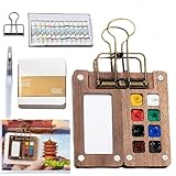 Tobios Watercolor Kit, Mini Watercolor Paint Set, with 8 Grid Wood Paint Palette, Sketchbook, Metal Clip, 12 Colors Portable Pocket Watercolour Travel Kit