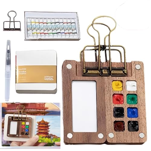 Tobios Watercolor Kit, Mini Watercolor Paint Set, with 8 Grid Wood Paint Palette, Sketchbook, Metal Clip, 12 Colors Portable Pocket Watercolour Travel Kit