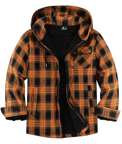 JACKETOWN Holzfällerjacke Herren Gefüttert Hemdjacke Herren mit Kapuze Kariertes Jacke Männer Reißverschluss Flanelljacke Sherpa Jacke Trekking Winterjacke Thermohemd Outdoor(Schwarz Orange L)