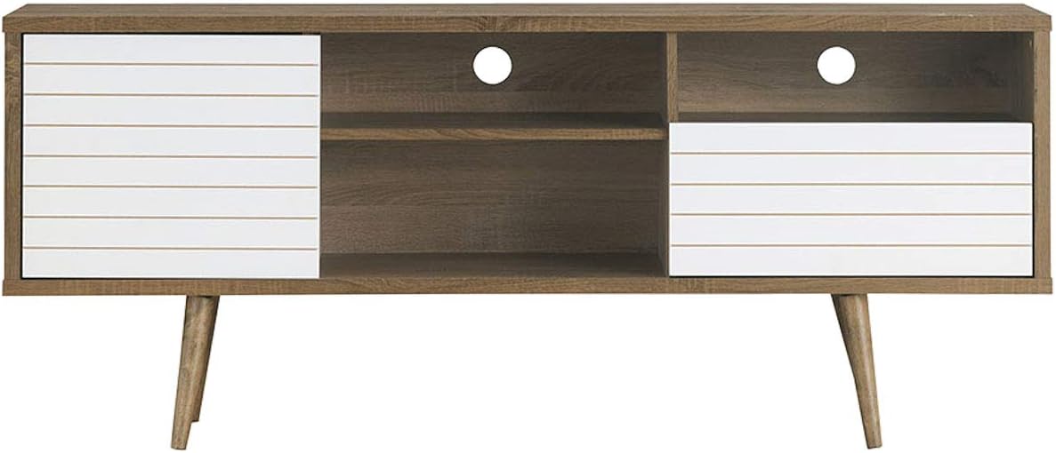 Mid-Century Modern TV Stand for 65” TV, Home Entertainment Center w/ 2 Cable Holes & 4 Tapered Dowel Legs, Wood TV Console Table w/Drawer, Shelves and Cabinet for Living Room