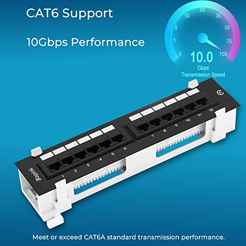 Rapink Patch Panel 12 Port Cat6 10G Support, Network Patch Panel UTP 10-Inch, Wallmount 1U Ethernet Patch Panel Punch Down Block for Cat6, Cat5e, Cat5 Cabling
