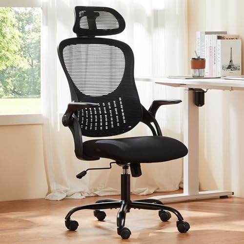 Sweetcrispy Home Office Executive Chair in black mesh with flip-up armrests