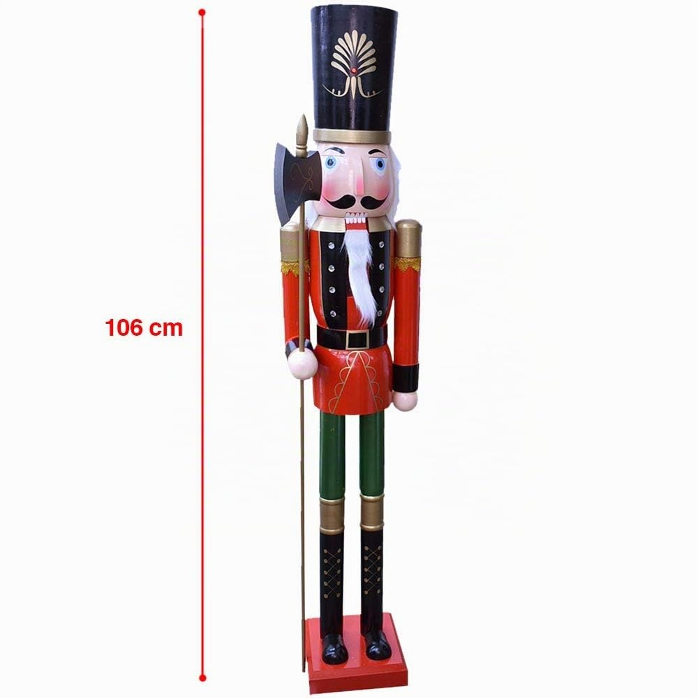 BAKAJI Soldado Cascanueces de Navidad de Madera Gigante Altura 106 cm Vestidos Pintados Barba y Pelo de Peluche con Mecanismo de Trabajo Decoraciones Navidad (Diseño 14)