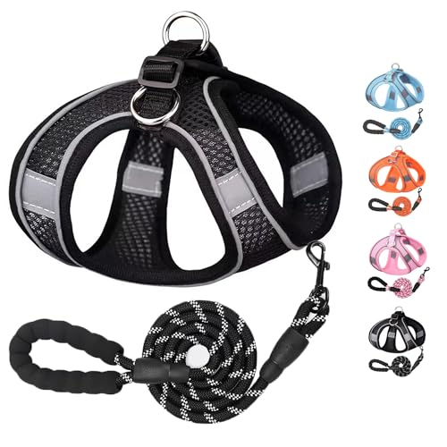 ペット用ハーネス小型犬 中型犬 ハーネス リードセット 牽引ロープ リードセット超小型犬のハーネス猫用 反射光ストリップ付き メッシュ おしゃれ 調節可能 お散歩 着脱簡単可愛くて 犬のハーネス (ブラック, S)
